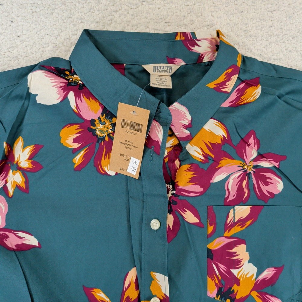 Duluth Trading Co Womens XXL Wrinklefighter Floral Button Up Shirt Teal Pink - Picture 3 of 5
